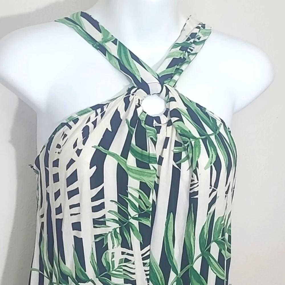 Zara Trafaluc Romper Jumper capri length halter top sleeveless palm leaf print